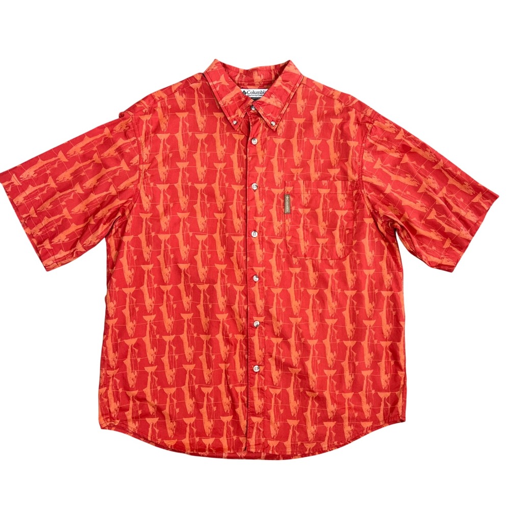 Columbia Mens Large Red Salmon Fish Print Short Sleeve Button Down Camp Shirt